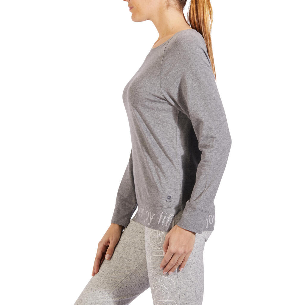 Langarmshirt Fitness 500 Regular Baumwolle Rundhals Damen schwarz 