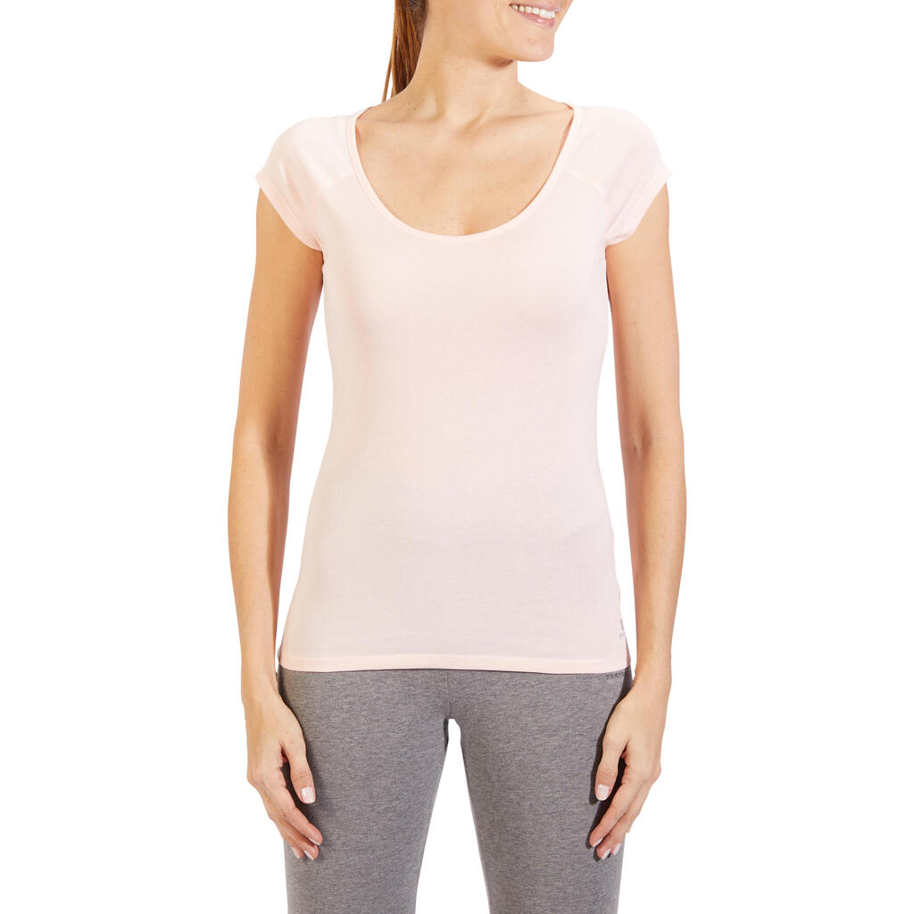 Women's Slim-Fit Gentle Gym & Pilates T-Shirt 500 - Pink