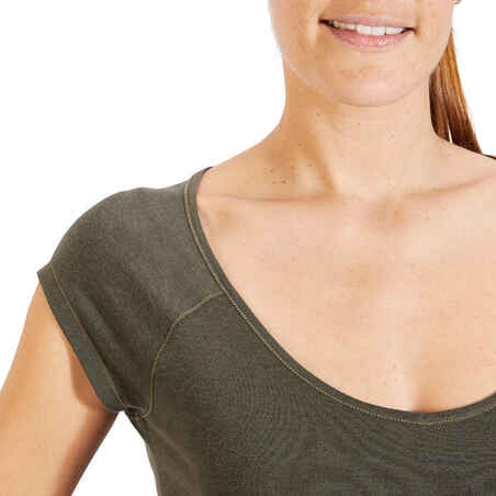 500 Women's Slim-Fit Short Sleeved Gym & Pilates T-Shirt - Khaki
