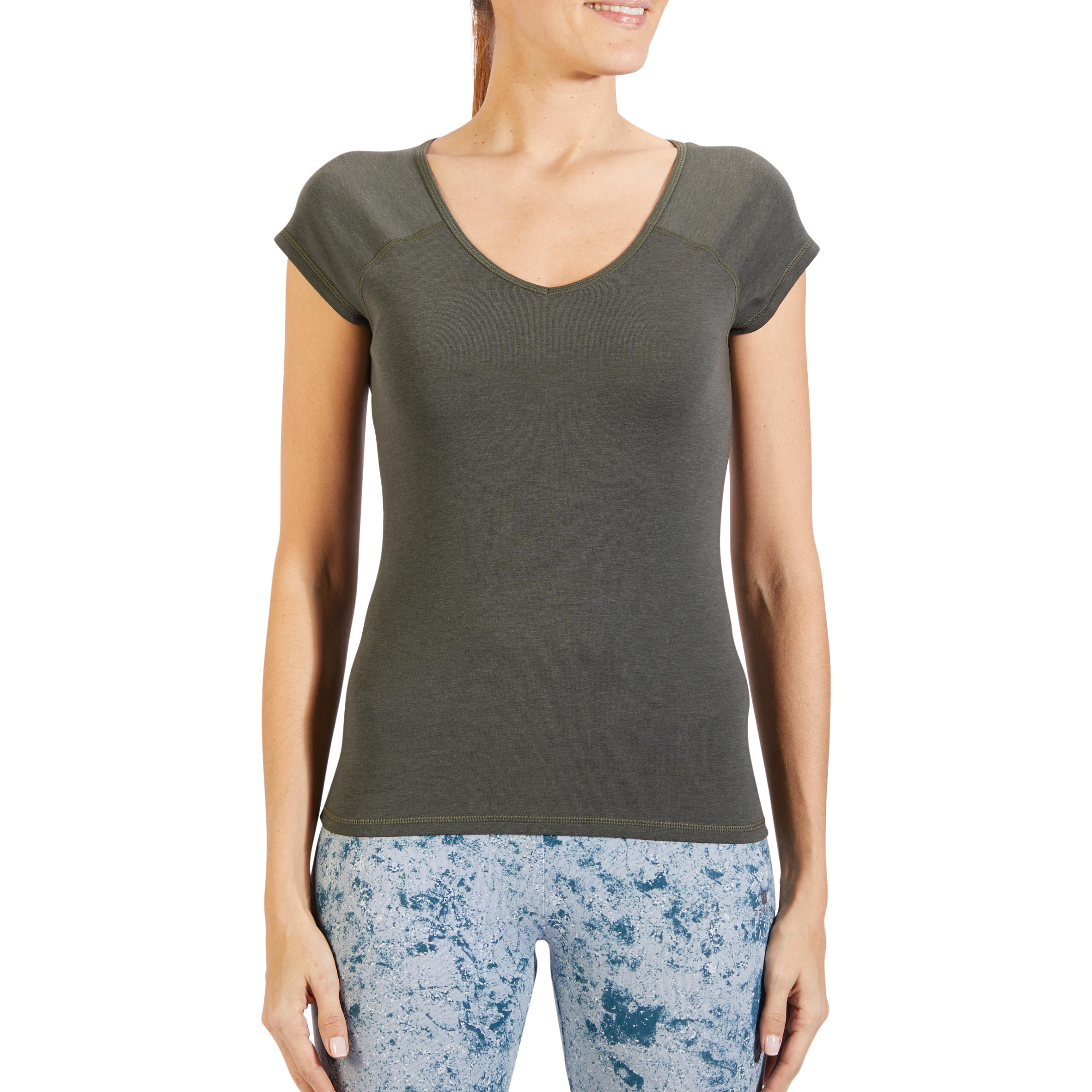 

500 Women' Slim-Fit Short-Sleeved Gym & Pilates T-Shirt - Khaki