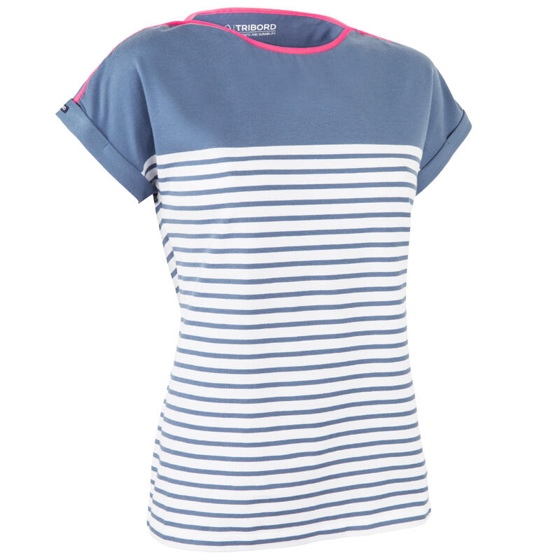 Camiseta Manga Corta Vela Sailing 100 Mujer Azul Gris Estilo Marinero