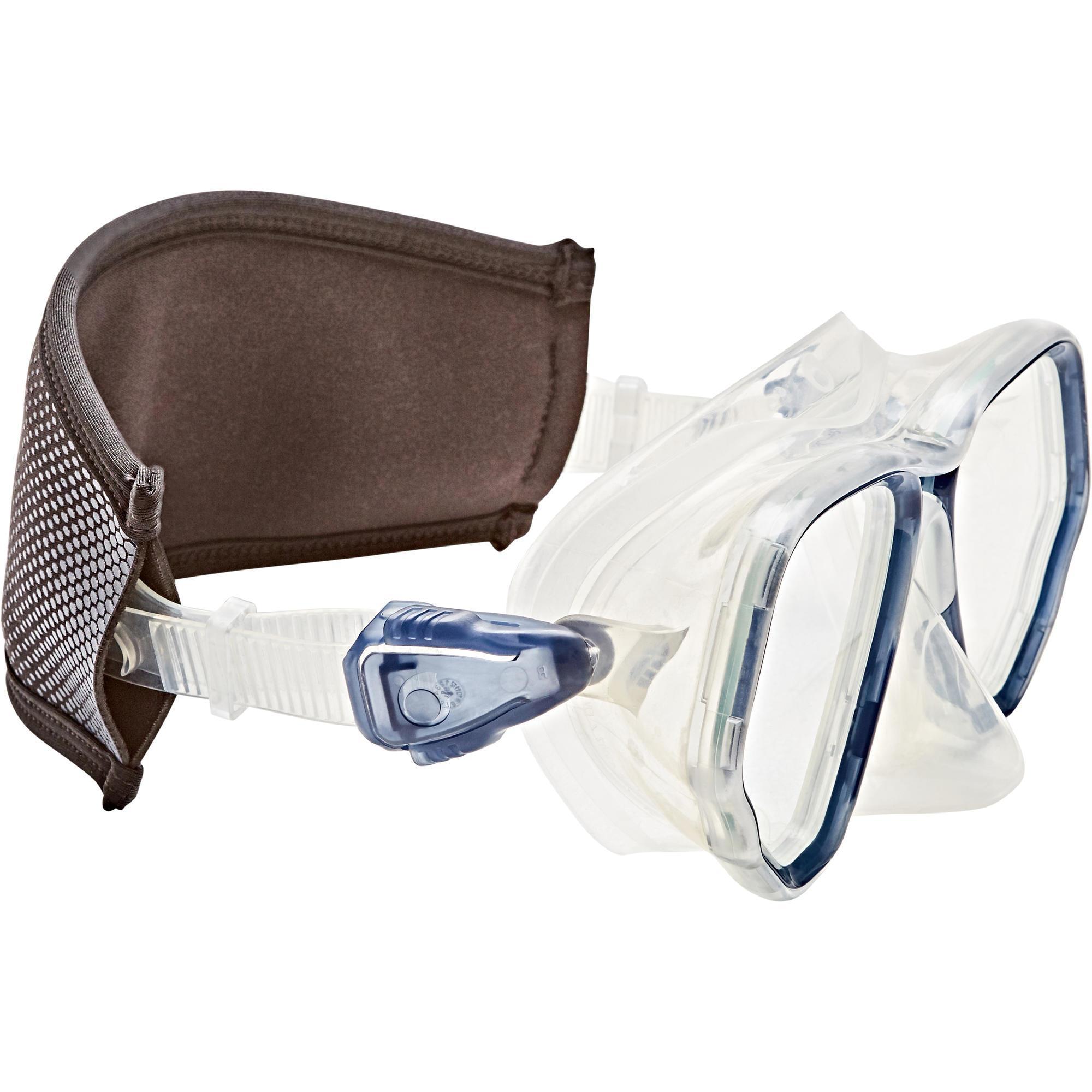 Black/blue neoprene diving mask over-strap