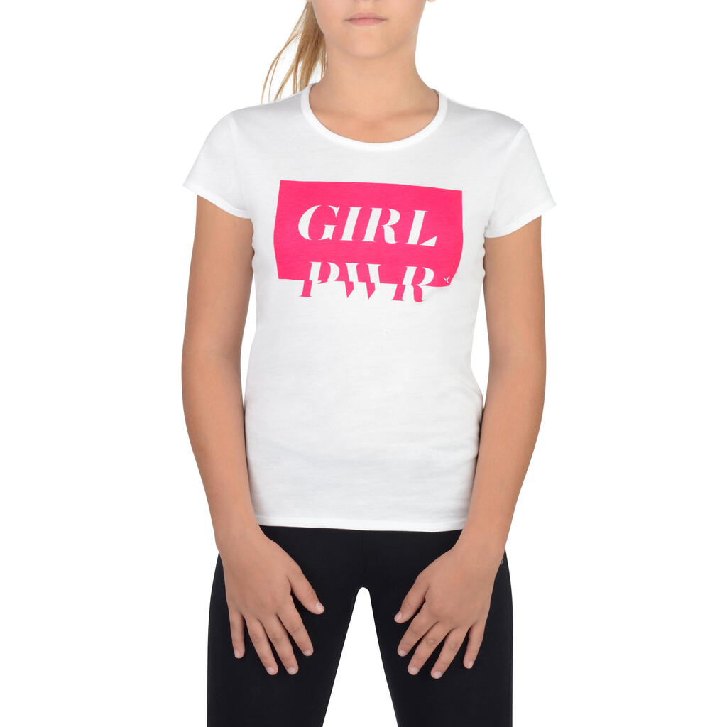 T-Shirt 100 MC Gym Fille imprimé blanc rose