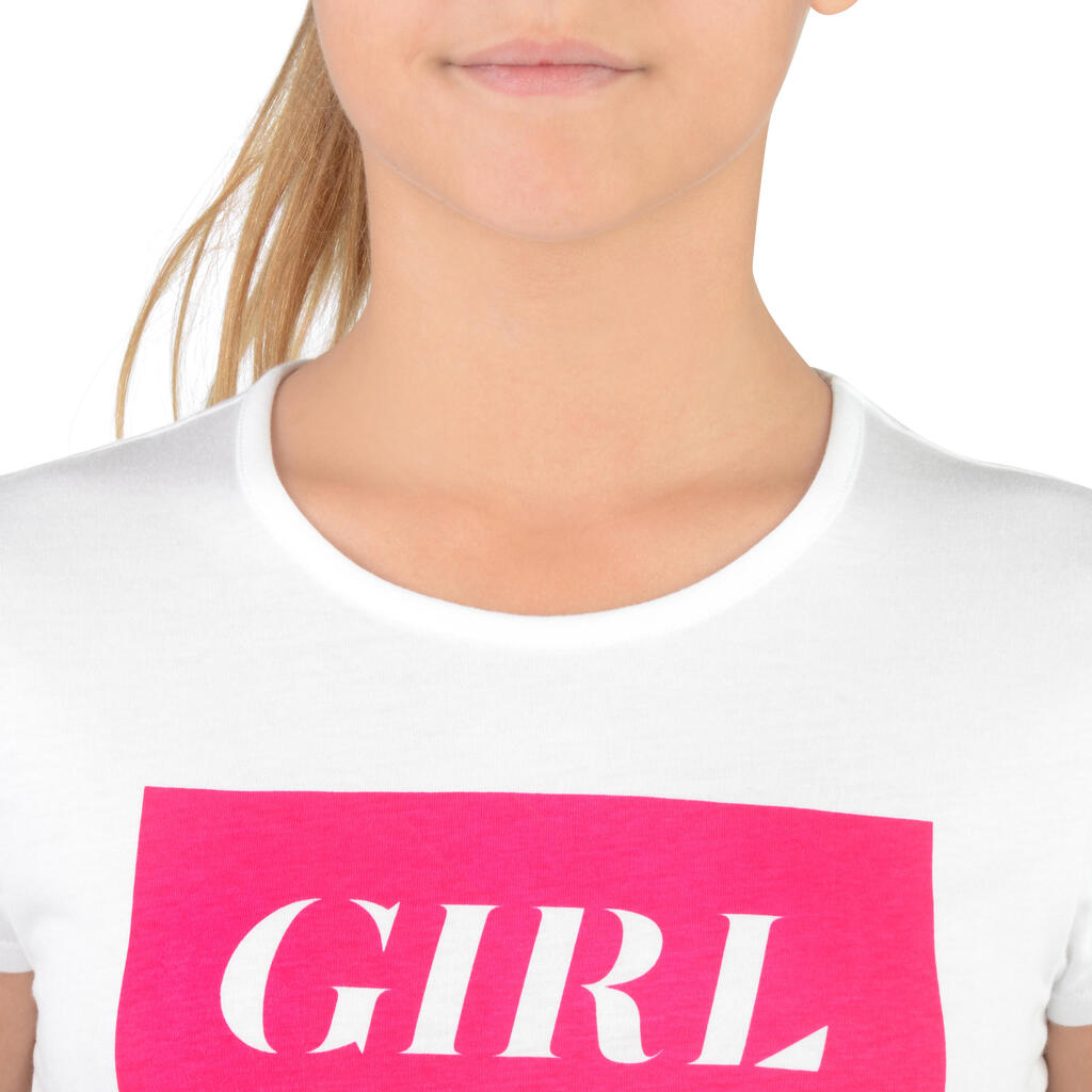 T-Shirt 100 MC Gym Fille imprimé blanc rose