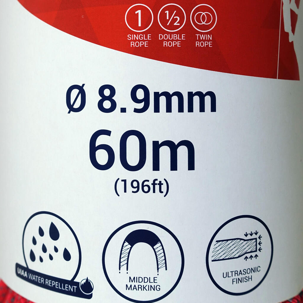 CLIMBING AND MOUNTAINEERING TRIPLE ROPE STANDARD 8.9 mm x 60 m - EDGE DRY PINK