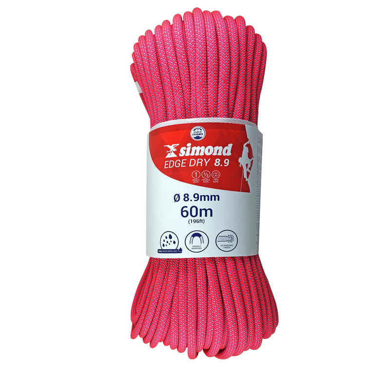 CLIMBING AND MOUNTAINEERING TRIPLE ROPE STANDARD 8.9 mm x 60 m - EDGE DRY PINK