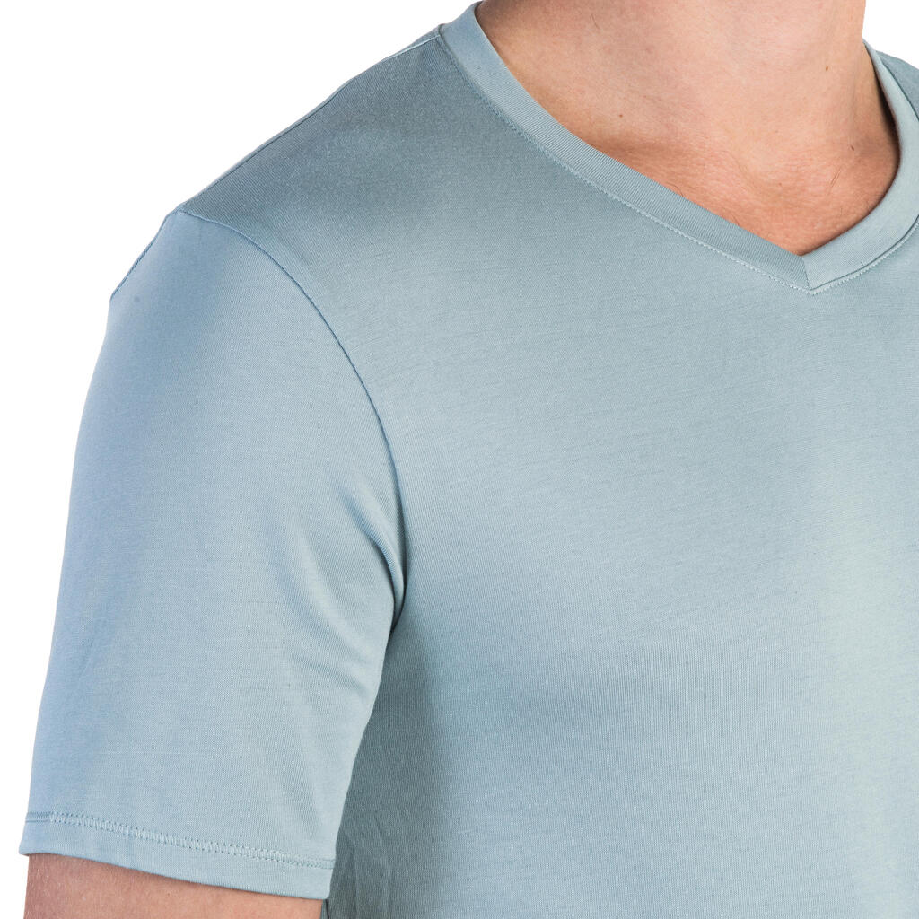 500 Men's V-Neck Slim-Fit Gym & Pilates T-Shirt - Blue/Grey