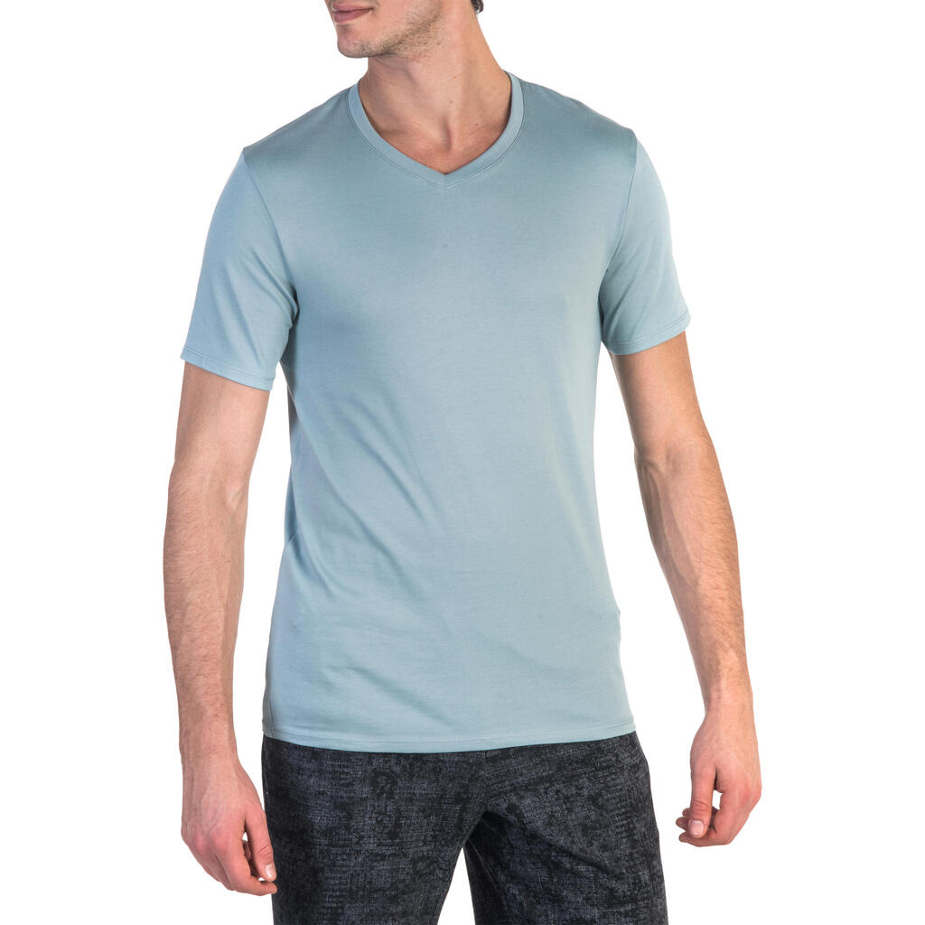 T-Shirt Gym 500 Slim V-Ausschnitt Herren Fitness blau/grau