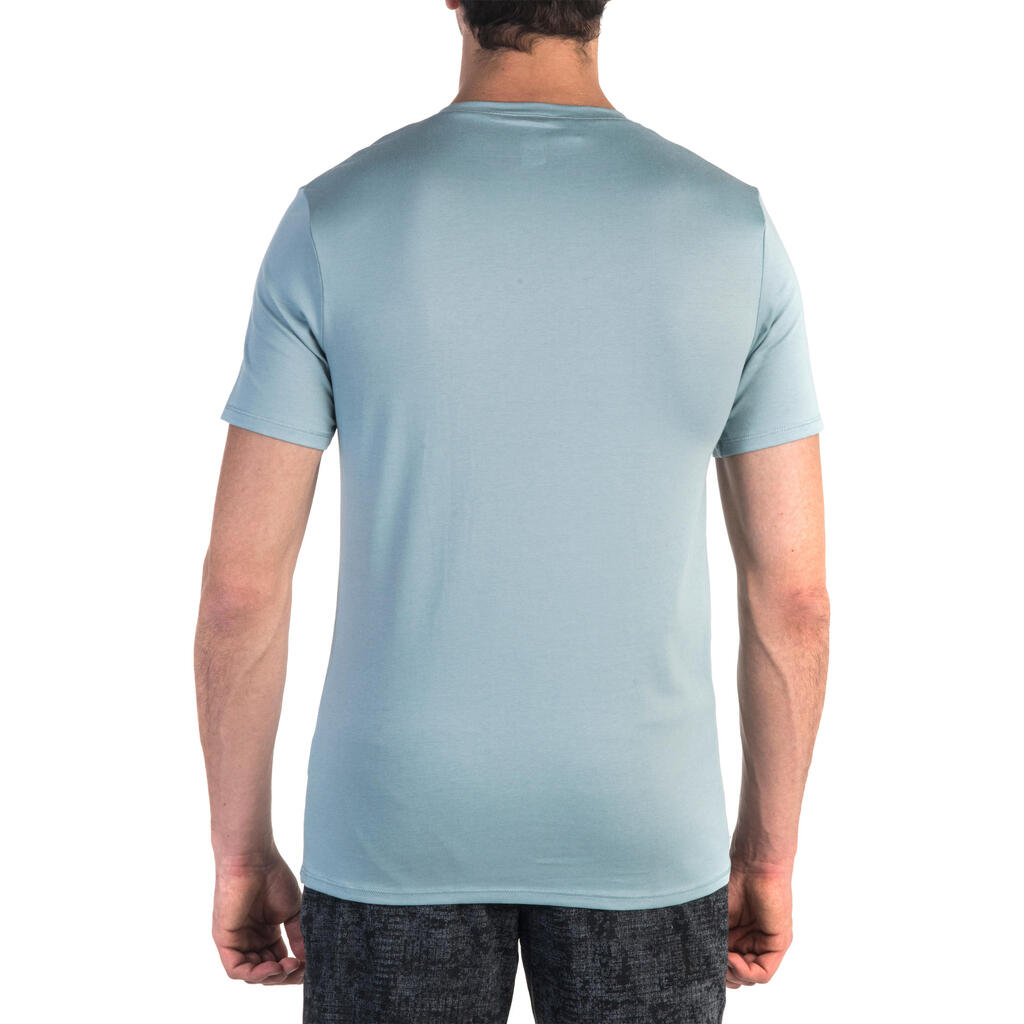 500 Men's V-Neck Slim-Fit Gym & Pilates T-Shirt - Blue/Grey