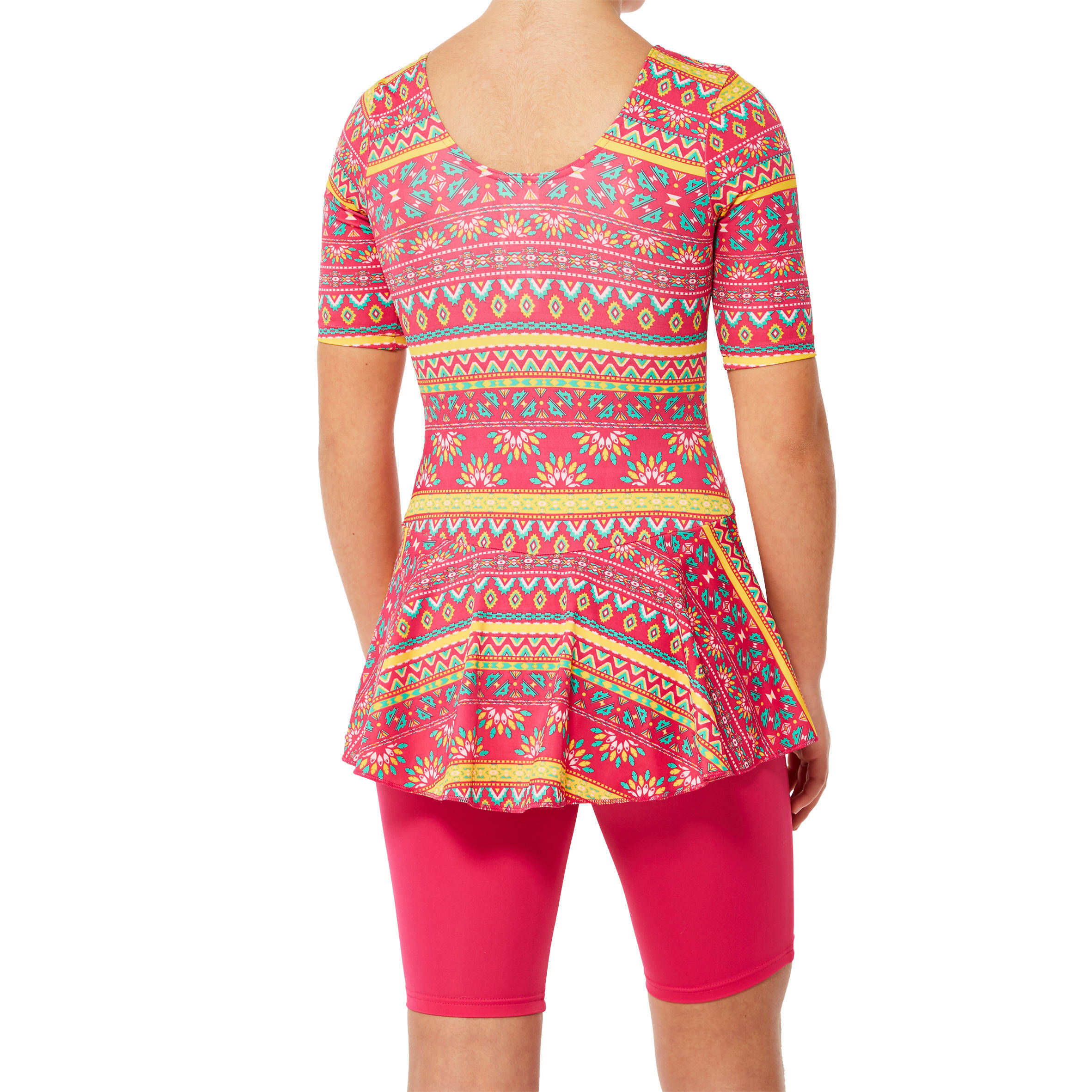 Girl swimming costume half sleeves with half leggings - pink with print -  2