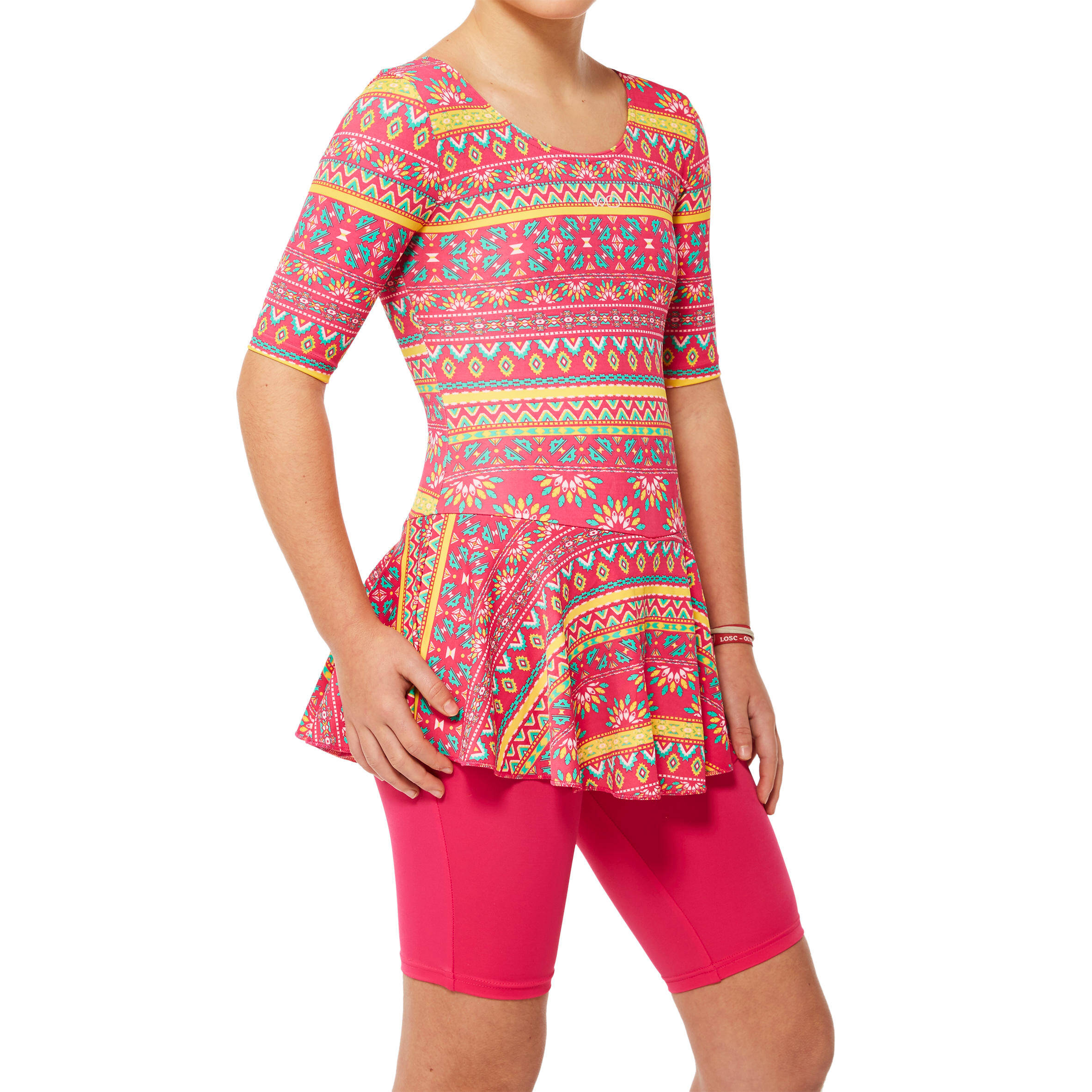 Girl swimming costume half sleeves with half leggings - pink with print -  1