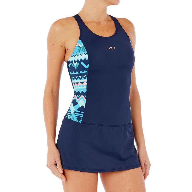 Women Swimming costume sleeveless with skirt printed navy blue