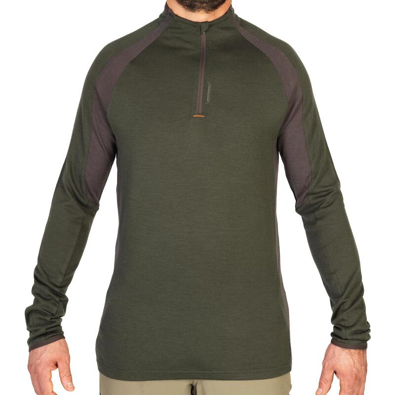 Camiseta Manga Larga Hombre Caza Solognac 900 Transpirable Lana Merina Verde