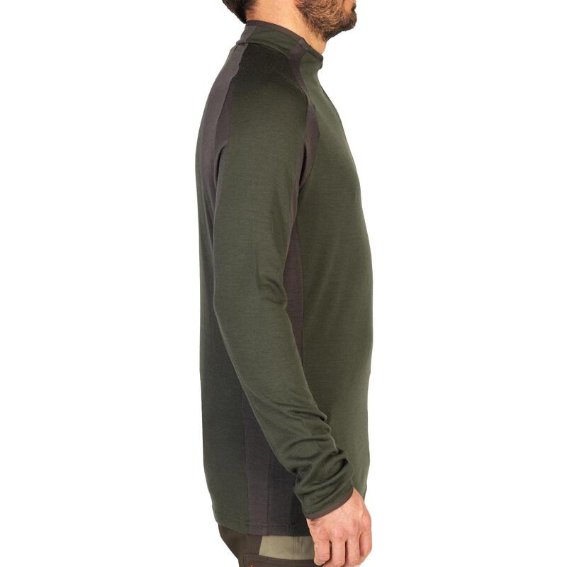 Camiseta Manga Larga Hombre Caza Solognac 900 Transpirable Lana Merina Verde