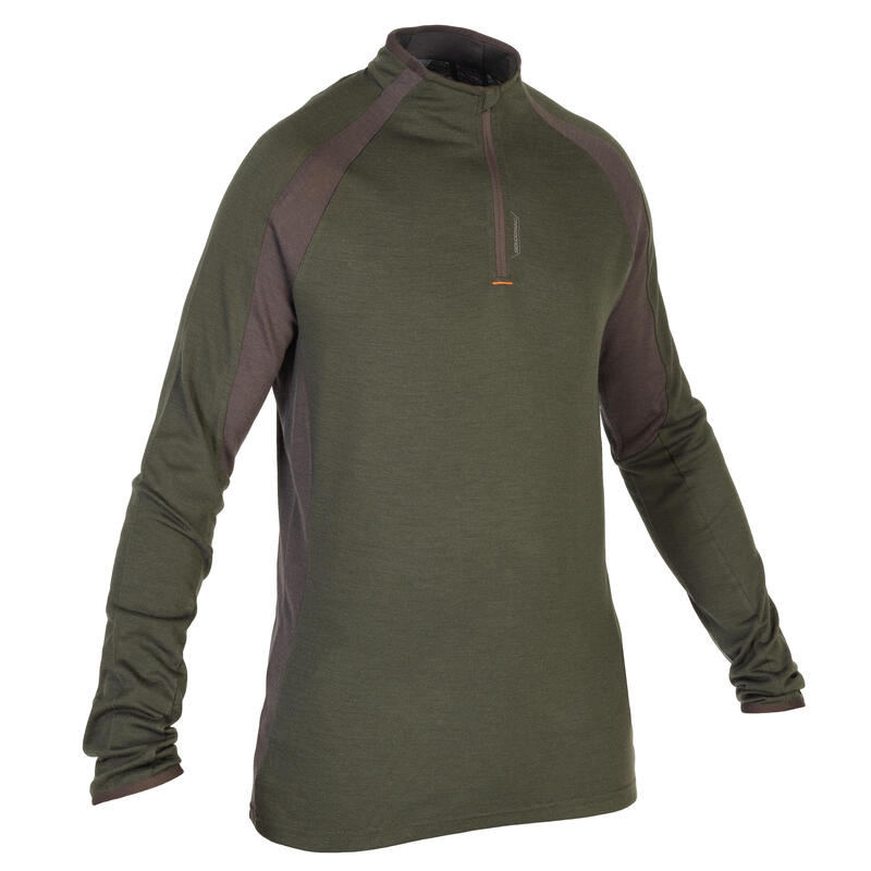 Camiseta Manga Larga Hombre Caza Solognac 900 Transpirable Lana Merina Verde