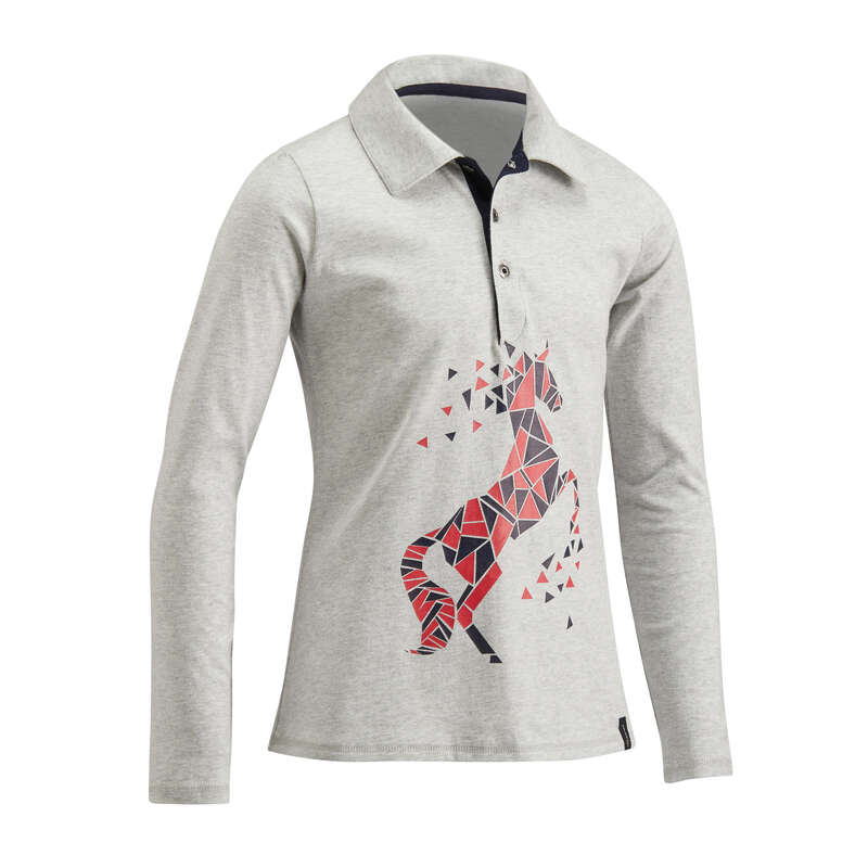RIDING WEAR JUNIOR Horse Riding - 140 Girls' Polo Shirt - Grey FOUGANZA - Horse Riding