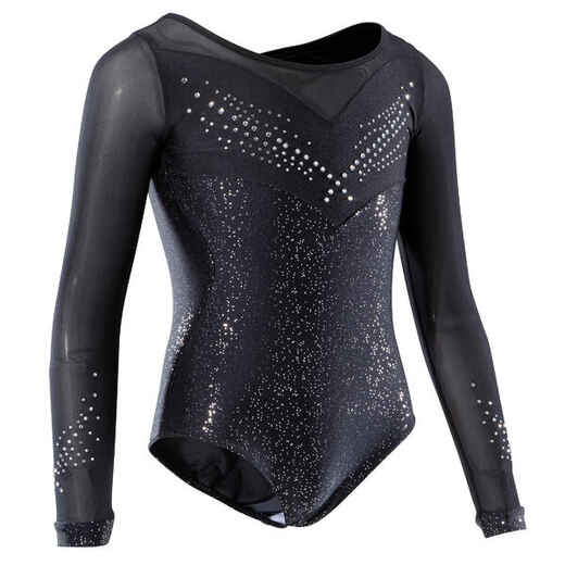 
      Girls' Artistic Gymnastics Long-Sleeved Leotard - Black/Rhinestones
  