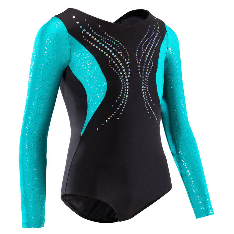 Girls' Artistic Gymnastics Long-Sleeved Leotard - Black/Blue Sequins