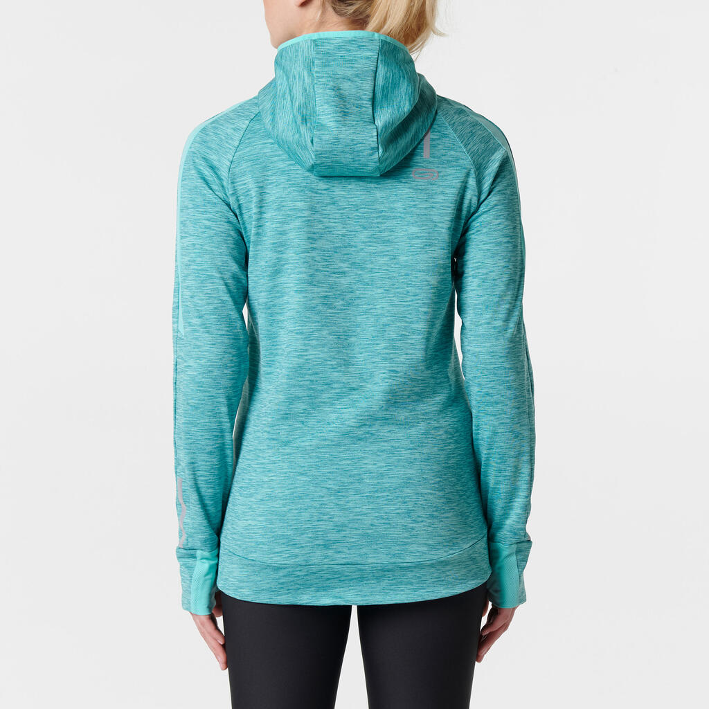 RUN WARM LONG-SLEEVED WOMEN'S JOGGING JERSEY HOOD LIGHT GREEN