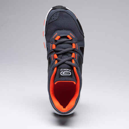 KIDS KIPRUN GRIP RUNNING & ATHLETICS SHOES - GREY AND BLACK NEON ORANGE