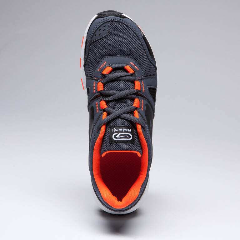 KIDS KIPRUN GRIP RUNNING & ATHLETICS SHOES - GREY AND BLACK NEON ORANGE