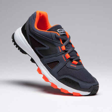 KIDS KIPRUN GRIP RUNNING & ATHLETICS SHOES - GREY AND BLACK NEON ORANGE