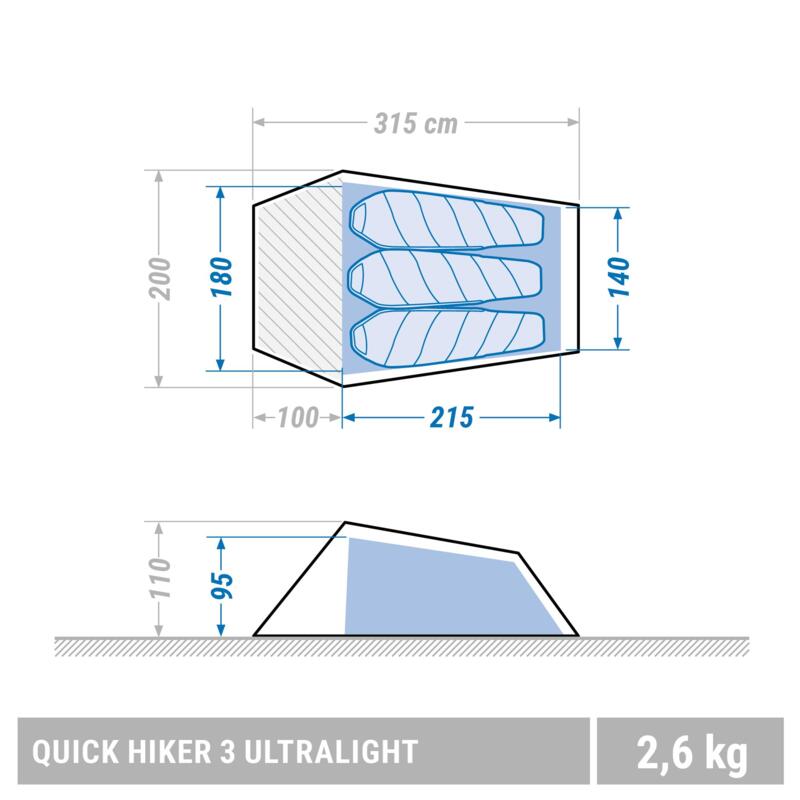 Tente de trekking Quickhiker Ultralight 3 personnes gris clair