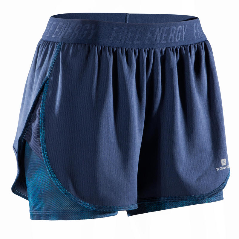 Short 2-en-1 d'entraînement cardio femme bleu marine 500 Short 2-en-1 d'entraînement cardio femme bleu marine 500