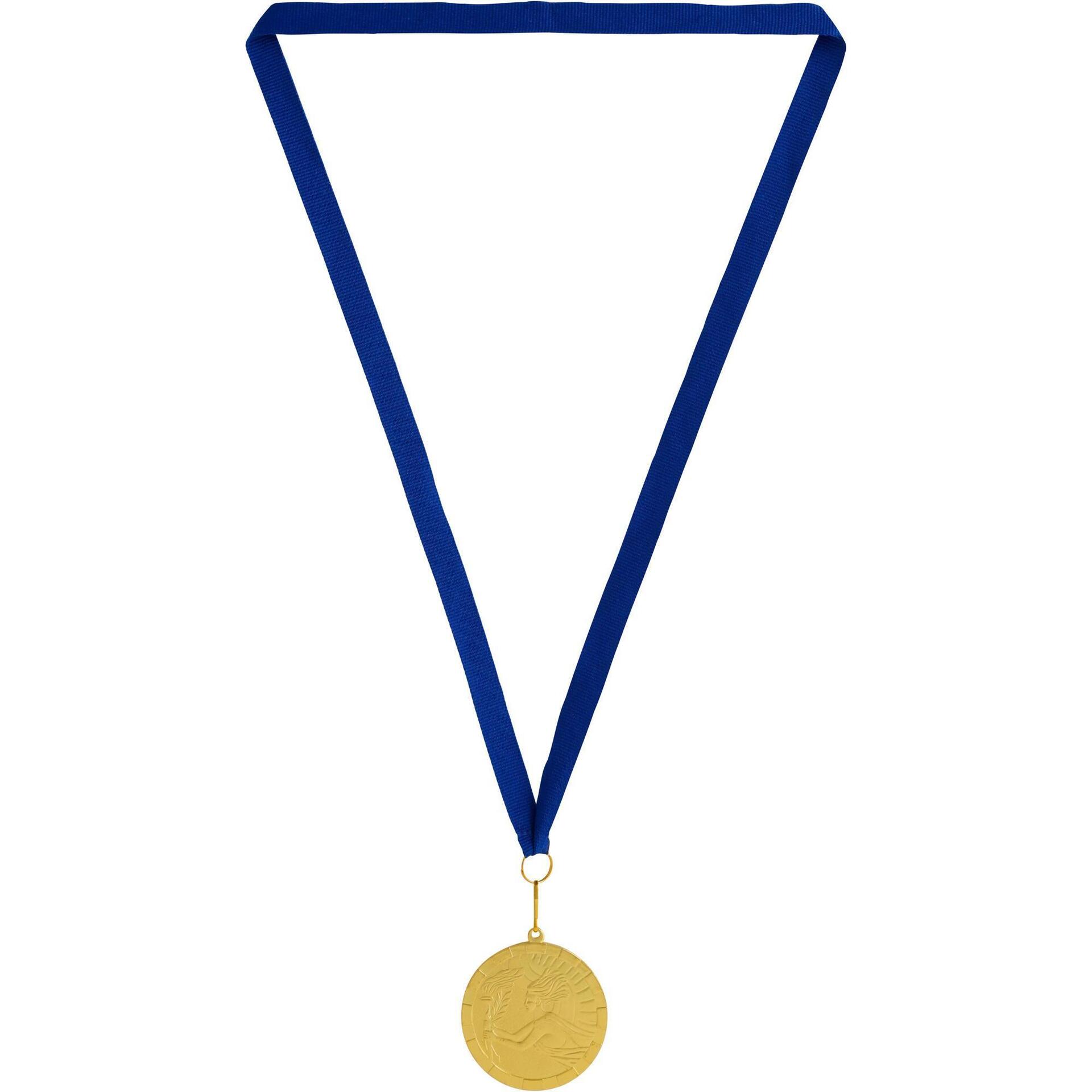 En pokal och en medalj i blått och lila.