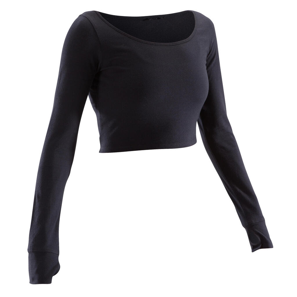 Women's Modern Dance Long-Sleeved Crop Top - Black