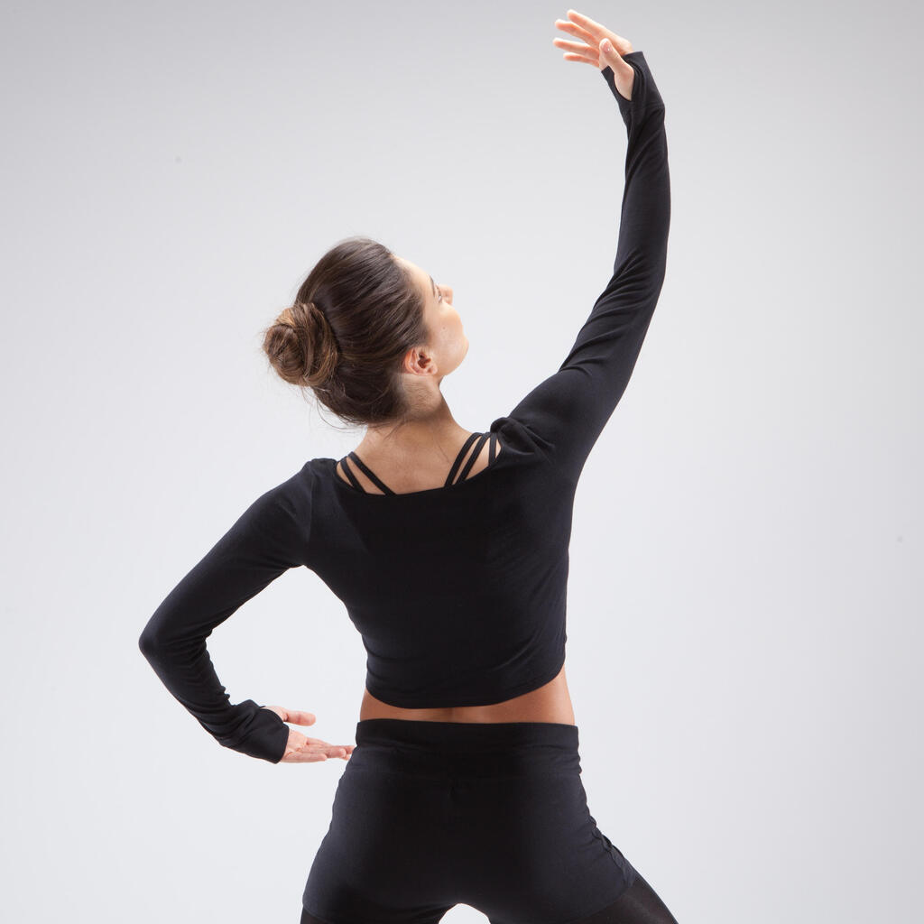 Women's Modern Dance Long-Sleeved Crop Top - Black