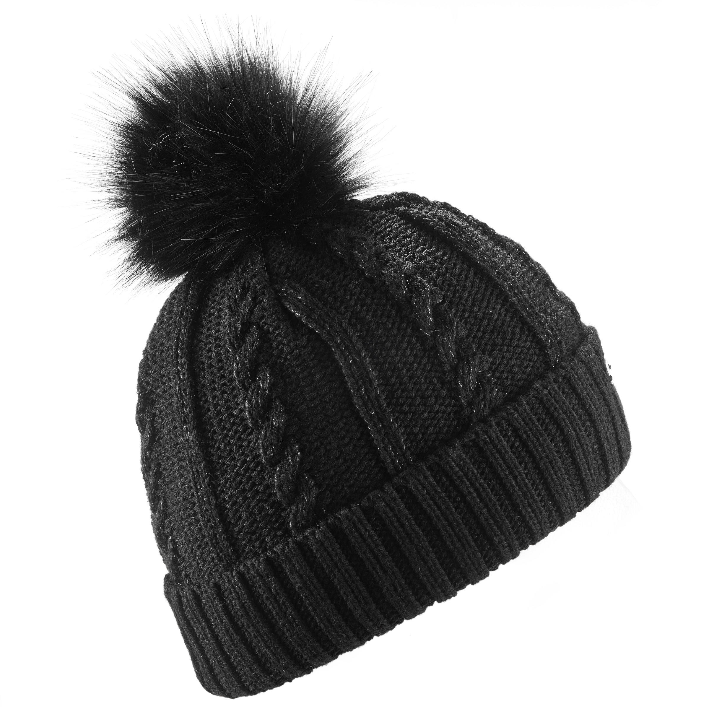 Women's Ski Cable-Knit Faux-Fur Wool Hat - Black - WEDZE