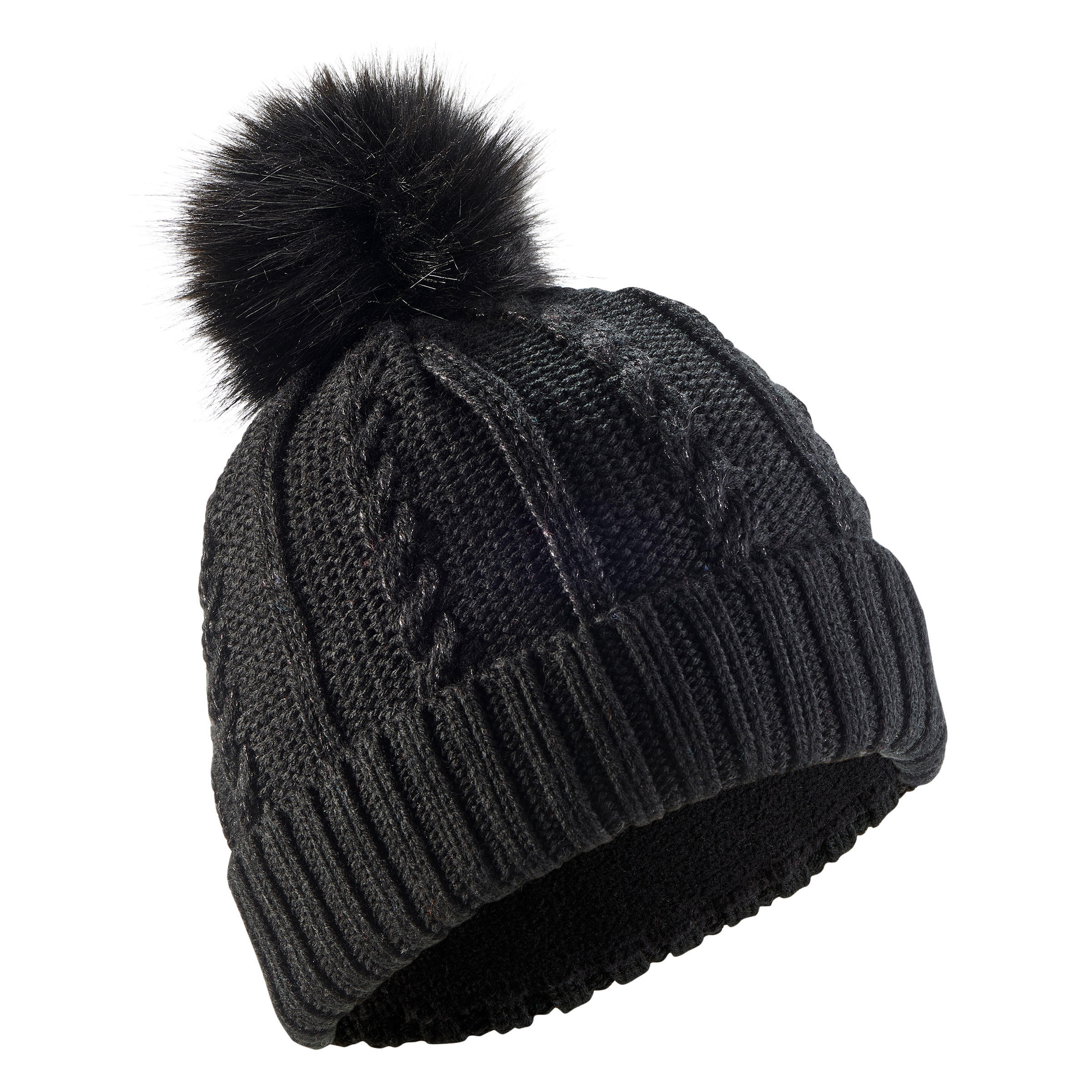 Women's Ski Cable-Knit Faux-Fur Wool Hat - Black - WEDZE