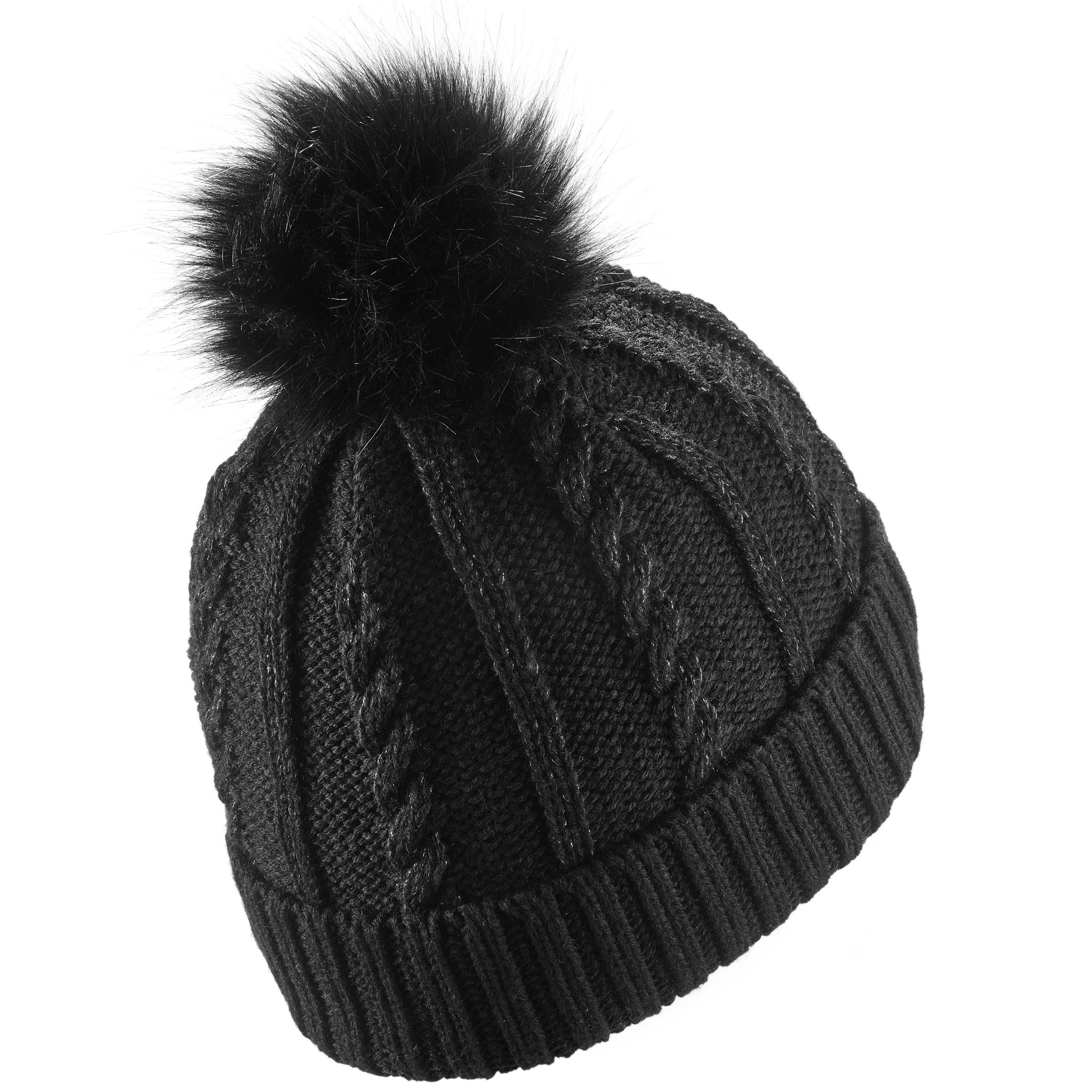 Women's Ski Cable-Knit Faux-Fur Wool Hat - Black - WEDZE