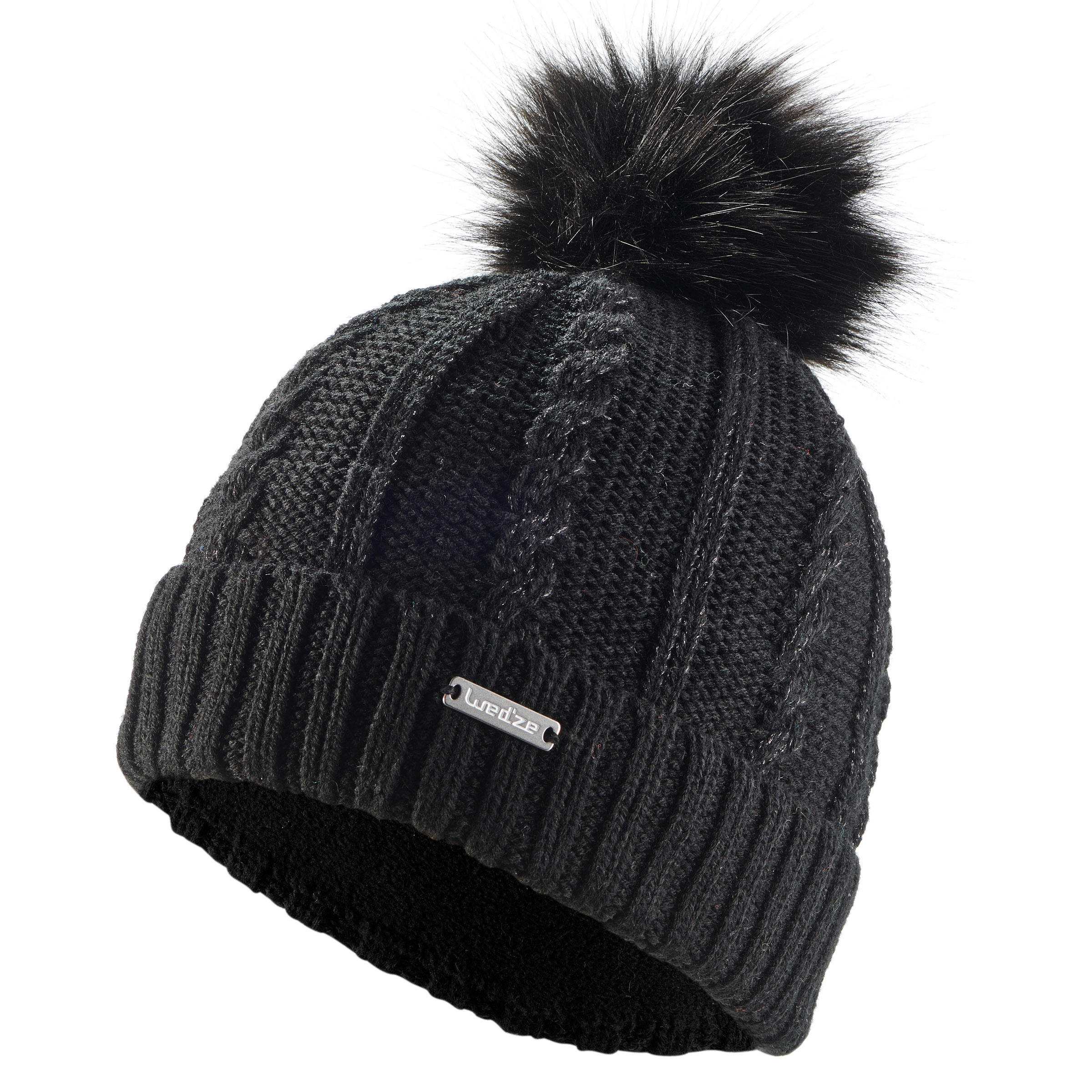 Women's Ski Cable-Knit Faux-Fur Wool Hat - Black - WEDZE