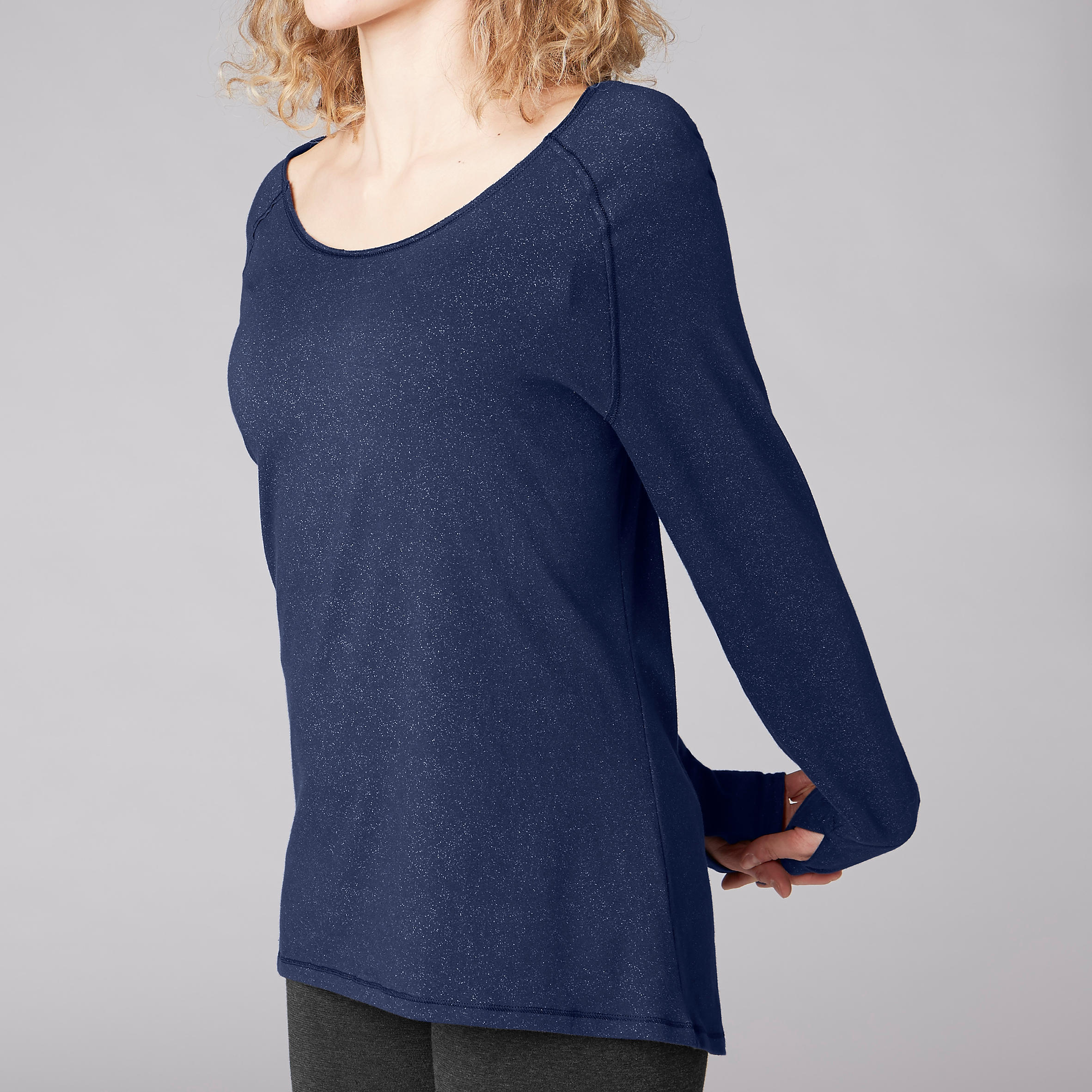Organic Cotton Long-Sleeved Yoga T-Shirt - Navy 5/8