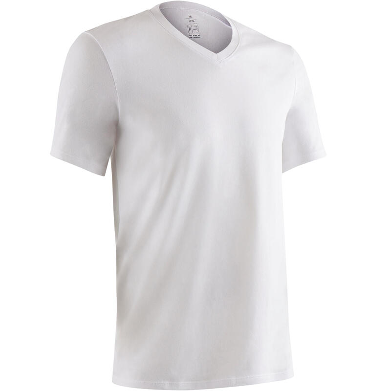 T-shirt homme col V 500 coupe slim blanc