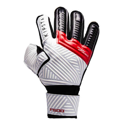 
      Detské brankárske futbalové rukavice F500 Protect sivo-bielo-červené
  