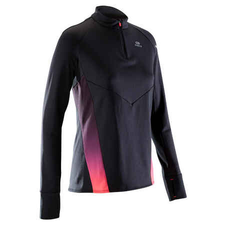 Črna in rožnata ženska tekaška majica z dolgimi rokavi KIPRUN WARM LIGHT 
