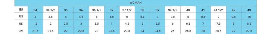 Women's ski boots size chart