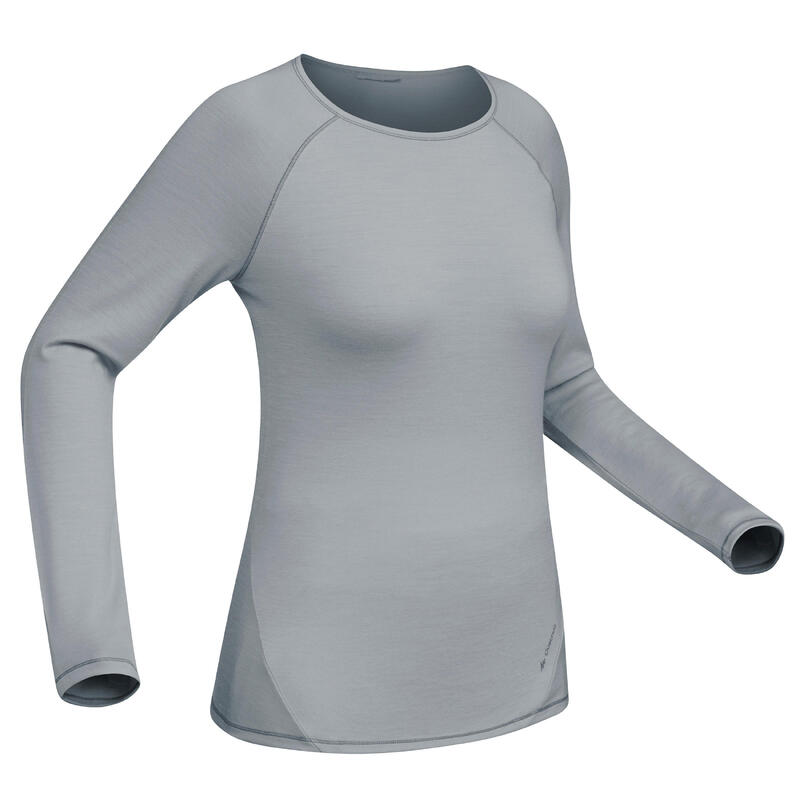 T-shirt manches longues laine mérinos de trek montagne - TREK 500 gris femme