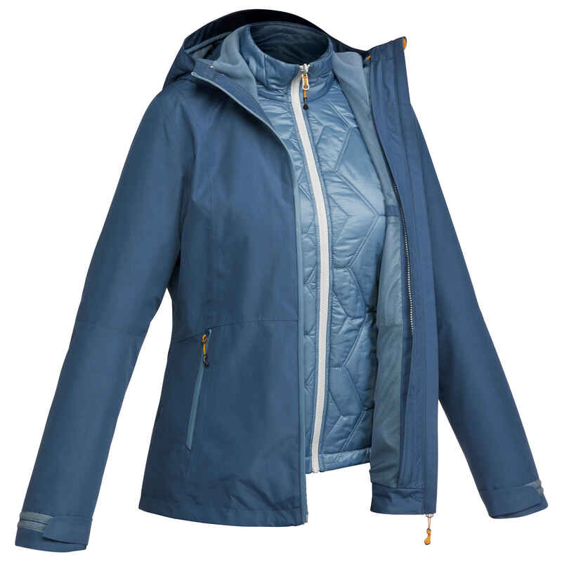 Women's 3-In-1 Waterproof Comfort -8°C Travel Trekking Jacket - TRAVEL 500 - blu