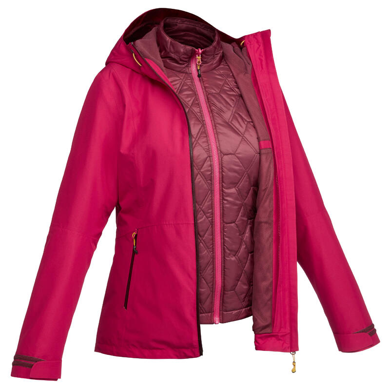 Női kabát túrázáshoz TRAVEL 500, 3 az 1-ben, -8 °C komforthőmérséklet, rózsaszín 