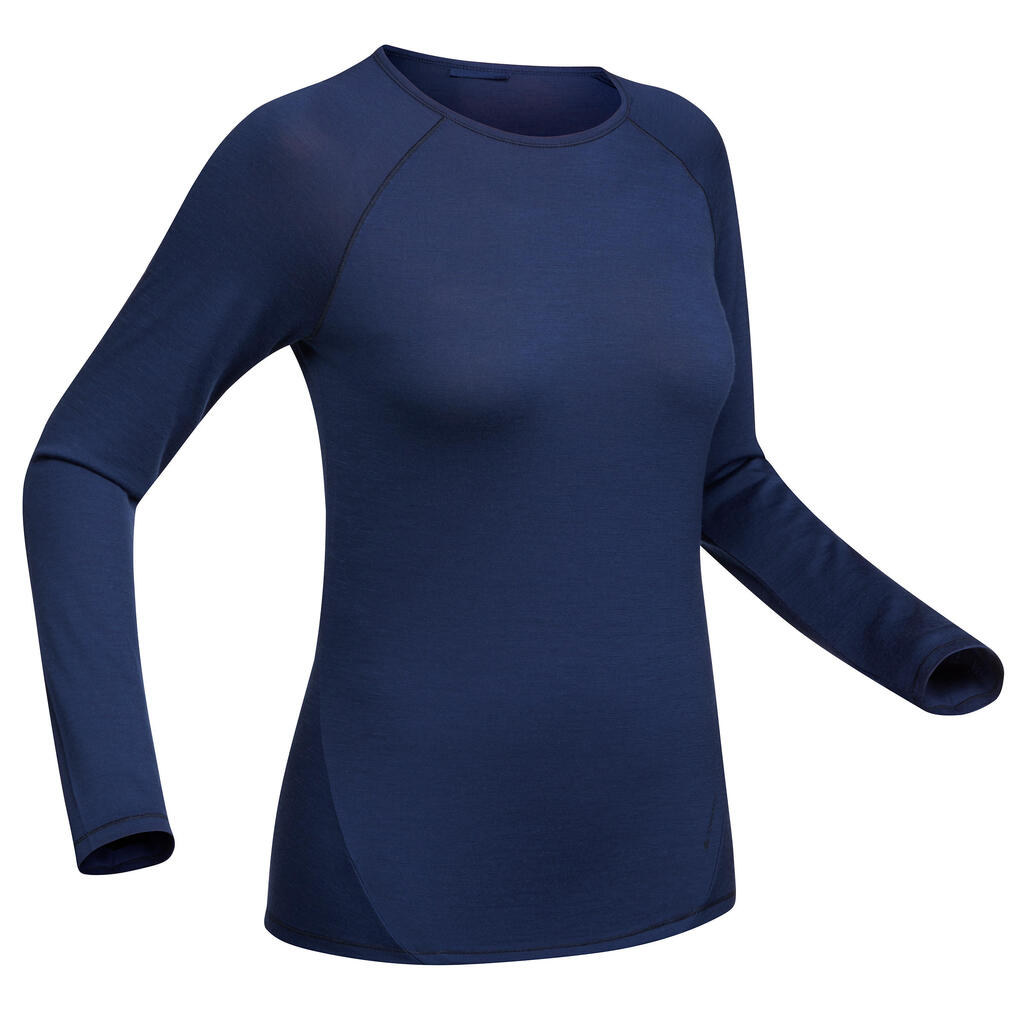 Merinoshirt Langarm Trek 500 Damen blau