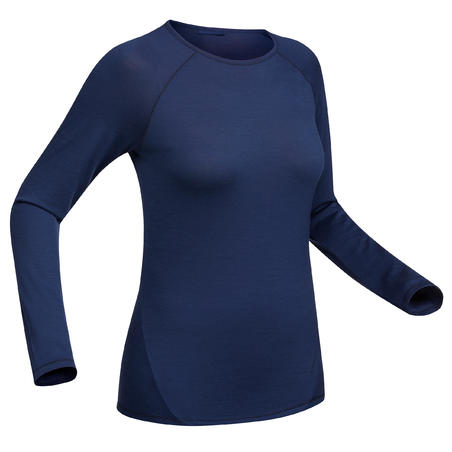 Women's Mountain Trekking Long-Sleeved Merino Wool T-Shirt Trek 500 - blue