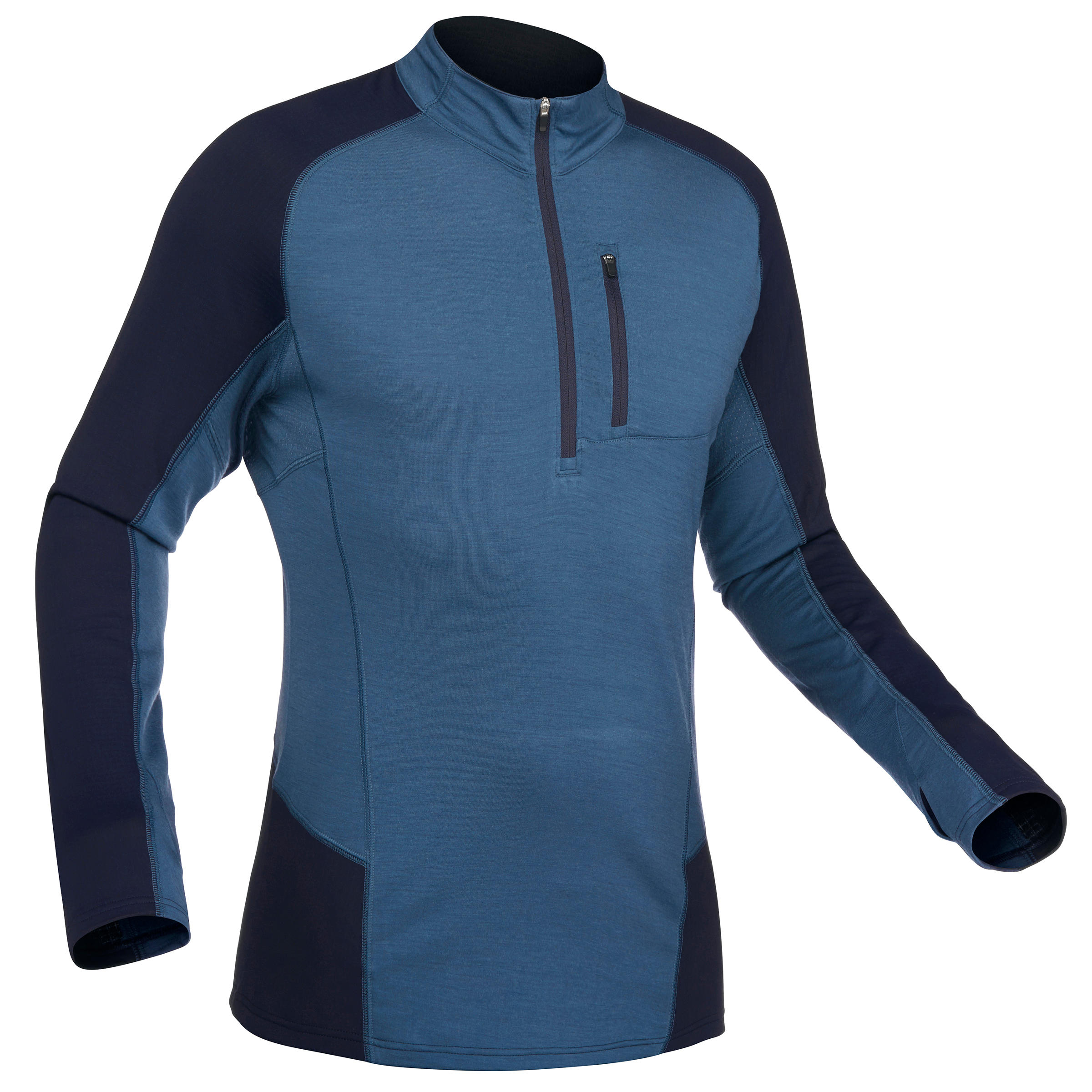 Bluză din lână merinos Trekking la munte MT500 Hybrid Albastru Bărbați decathlon.ro imagine 2022