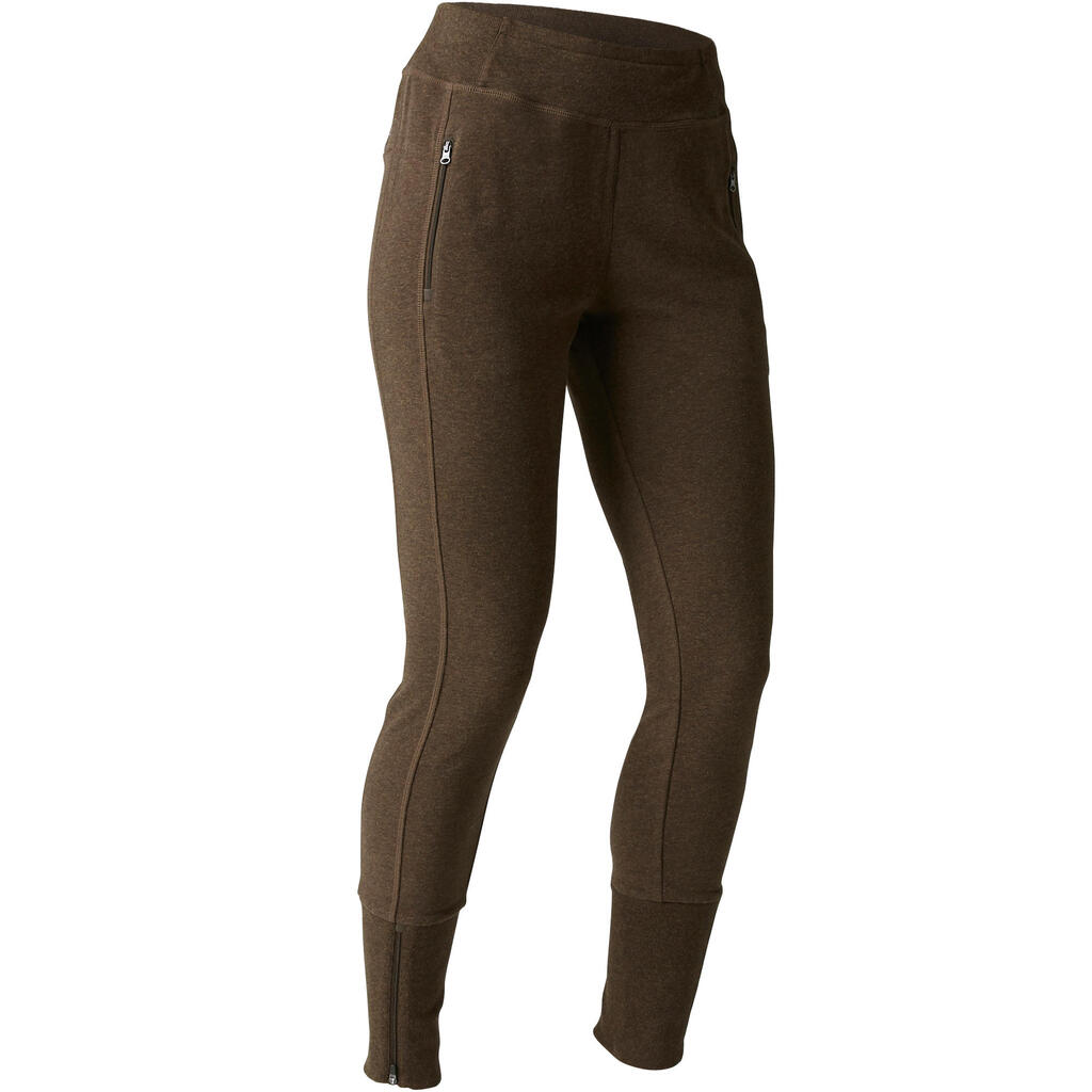 Pantalon 500 slim bas zippé Gym Stretching femme marron chiné