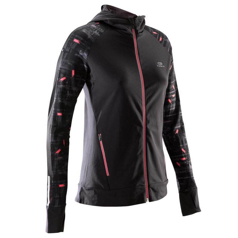 RUN WARM WOMEN'S JOGGING JACKET HOOD BLACK CORAL Decathlon