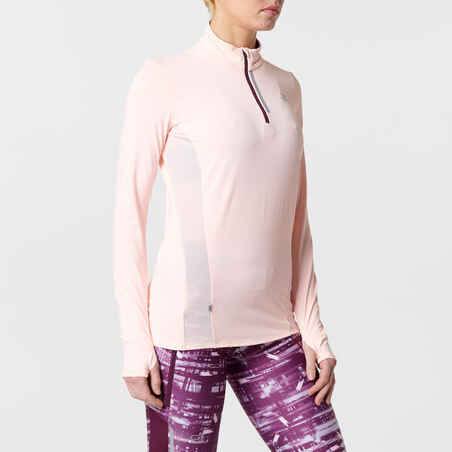 RUN DRY+ ZIP WOMEN'S LONG-SLEEVED RUNNING SHIRT - LIGHT PINK