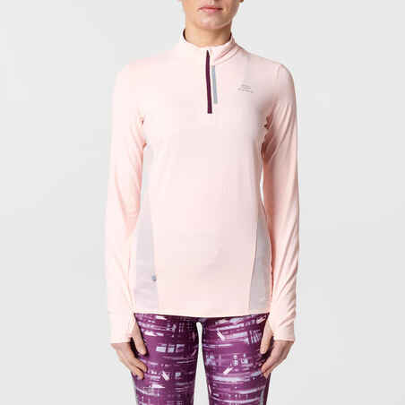 RUN DRY+ ZIP WOMEN'S LONG-SLEEVED RUNNING SHIRT - LIGHT PINK